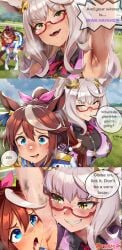 ahoge ai_generated amber_brown_hair animal_ears armpit_fetish armpits biwa_hayahide_(umamusume) black_blouse blue_eyes brown_hair cheerful comic comic_page dark_magenta_jacket face_in_armpit fluffy_ears game_over gold_accessories gold_earrings hair_ribbon horse_ears horse_girl large_breasts long_white_hair loser medium_breasts naticai pink_collar pink_ribbon ponytail red_glasses red_ribbon sky_blue_eyes small_female sniffing_armpit steam sweaty sweaty_armpits sweaty_body tall_female tokai_teio_(umamusume) umamusume umamusume_pretty_derby under_rim_glasses voluminous_hair white_hair white_streak_hair yellow_eyes