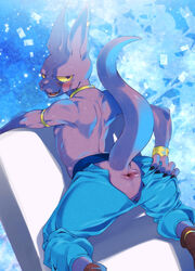 agemono alien anthro anthro_only anus ass beerus clothing dragon_ball dragon_ball_super feline looking_at_viewer looking_back male male_only mammal presenting presenting_hindquarters purple_skin solo spread_ass spreading torn_clothing