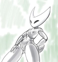 1girl breasts bug bug_girl fourssss hollow_knight hollow_knight:_silksong hollow_knight_(franchise) hornet_(hollow_knight) horns monochrome pussy small_breasts solo solo_female spider spider_girl team_cherry