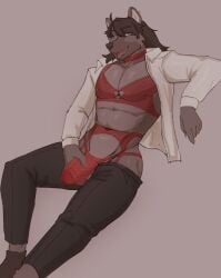 2025 abs anthro barbell_piercing big_muscles big_penis black_bottomwear black_clothing black_pants bottomwear bra brown_body brown_fur brown_hair brown_hyena brown_nose choker clothed clothing digital_drawing_(artwork) digital_media_(artwork) ear_piercing ear_ring eyebrow_through_hair eyebrows footwear foreskin fur garter_belt garter_straps genitals green_eyes hair hi_res holding_penis hyena jewelry lace_bra lace_choker lace_garter_belt lace_panties lingerie long_sleeve_shirt long_sleeves looking_at_viewer male male_only mammal muscular muscular_male navel necklace nezha_(undercovernezha) nipple_piercing nipples open_clothing open_shirt open_topwear panties pants pecs penis piercing red_bra red_choker red_clothing red_garter_belt red_jewelry red_necklace red_panties red_underwear ring_piercing shirt shoes simple_background sitting solo tongue tongue_out topwear translucent translucent_clothing translucent_hair undercovernezha underwear white_clothing white_shirt white_topwear