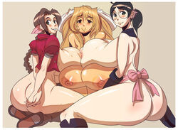 3girls aerith_gainsborough aoi_kimi ass boobs_bang breast_press brown_hair cattleya female female_only final_fantasy final_fantasy_vii glasses huge_breasts human kyoukaisenjou_no_horizon liquidxlead mature_female milf mother multiple_females multiple_girls queen's_blade sitting smile thick_thighs