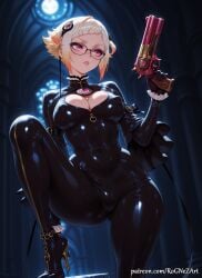 1girl 2026 ai_generated anime ass_visible_through_thighs black-framed_eyewear black_bodysuit black_gloves blonde_hair bodysuit boobs breasts capella_emerada_lugunica cleavage cleavage_cutout clothing_cutout covered_navel crossover female female_focus frills glasses gloves gun handgun handwear high_heel_boots high_heels highres holding holding_gun holding_weapon huge_breasts indoors inside large_breasts latex lips looking_to_the_side multicolored_hair nsfw parted_lips patreon patreon_username pink_eyes re:zero_kara_hajimeru_isekai_seikatsu rognezart shiny shiny_clothes short_hair skin_tight solo standing weapon white_hair