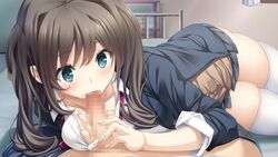 bed blue_eyes blush breast_press breasts brown_hair censored fellatio female game_cg highres kissart large_breasts legs long_hair looking_down lying mikoto_akemi oral penis school_uniform skirt thighhighs thighs white_legwear