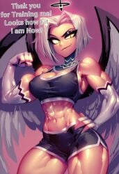 gigiti ai_generated trogiai lute_(hazbin_hotel) hazbin_hotel big_breasts large_breasts short_hair white_hair yellow_eyes female 1girls abs muscular muscular_female muscles fit_female color hi_res light_skin light-skinned_female bare_shoulders bare_arms bare_thighs bare_legs angel angel_girl aureola angel_wings halo looking_at_viewer flexing flexing_bicep