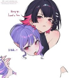 3girls accessory bare_shoulders barely_visible_genitalia barely_visible_vulva belle_(zenless_zone_zero) black_clothing black_hair black_shirt black_topwear blush blush_lines censored clothing convenient_censoring cunnilingus dialogue digital_drawing_(artwork) digital_media_(artwork) duo_focus ear_piercing elf ellen_joe english_text fangs female female_pov first_person_view genitals glistening glistening_body glistening_hair glistening_skin group hair hair_accessory hair_size_difference hairclip hand_on_another's_leg hand_on_another's_thigh hand_on_leg hand_on_thigh hi_res human humanoid humanoid_pointy_ears long_hair long_nails looking_at_viewer mammal meme mihoyo mole_under_eye negative_space negative_space_oral_(meme) not_furry oral piercing pink_eyes pointy_ears pov purple_hair qiandaiyiyu red_eyes sex shirt short_hair sidelocks spread_legs spreading talking_to_viewer teeth text tongue tongue_out topwear trio unseen_female_face url vaginal vampire vivian_banshee vulva waiting waiting_for_turn yuri zenless_zone_zero