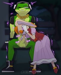 anthro bench clothing cocodrile dress electronics fellatio female gloves handwear headphones hi_res lagomorph leporid male male/female mammal masturbation mature_female oral penile rabbit sega sex sonic_the_hedgehog_(series) vanilla_the_rabbit vector_the_crocodile yerolay