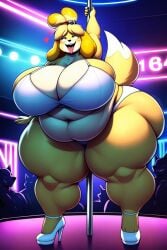 ai_generated hunkbsaa isabelle_(animal_crossing) nintendo animal_crossing dog domestic_dog ssbbw bbw ahe_gao ahegao ahegao_face pole_dancing bra white_bra panties white_panties high_heels white_high_heels belly big_belly breasts big_breasts massive_breasts gigantic_breasts ass big_ass massive_ass gigantic_ass