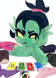 black_hair brawl_stars brawlstarsnsfwt brushing card card_game challenge clothes_on_floor clothes_removed exibitionism green_skin humilated looking_away loose monster_girl panties pigtail strip striped_panties stripes uno willow_(brawl_stars)