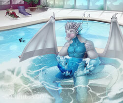 2013 amun anthro barbs biceps blue_penis blue_scales blush body_markings claws closed_eyes dantwz detailed_background dragon erection frills furry horn in_water male male_only markings masturbation muscles nude open_mouth outside penis plant pool public scalie shiny slit solo spa teeth tree water white_dragon white_scales wings