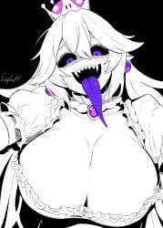 1girl absurdres boosette breasts cleavage collar colored_sclera colored_tongue commentary crown detached_collar dress earrings frilled_collar frilled_dress frills greyscale highres huge_breasts jewelry long_hair long_tongue lughost mario_(series) monochrome new_super_mario_bros._u_deluxe nintendo princess_king_boo puffy_short_sleeves puffy_sleeves purple_eyes purple_tongue reaching reaching_towards_viewer sharp_teeth short_sleeves signature solo spot_color super_crown teeth tongue underbust upper_body