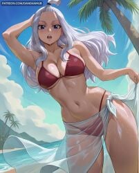 1girl solo long_hair breasts looking_at_viewer open_mouth blue_eyes large_breasts navel cleavage collarbone swimsuit bikini thighs cowboy_shot outdoors sky day cloud arm_up tree blue_sky wet see-through ocean beach red_bikini palm_tree sarong mirajane_strauss fairy_tail ai_generated dandanhub