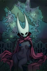 1girl bench bench_(hollow_knight) blue_nipples blue_pussy breasts bug bug_girl cloak hollow_knight hollow_knight:_silksong hollow_knight_(franchise) hornet_(hollow_knight) horns pussy small_breasts solo solo_female spider spider_girl team_cherry