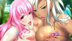 2girls alice breasts censored character_tag cum double_paizuri female frey game_cg green_eyes hadashi_shoujo huge_breasts ino licking long_hair looking_at_viewer male multiple_females paizuri penis pink_hair shiny shiny_skin straight symmetrical_docking tongue_out vaginal_penetration white_hair