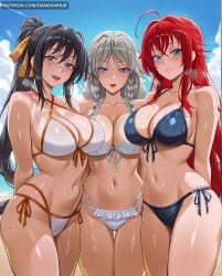 rias_gremory himejima_akeno long_hair breasts looking_at_viewer blush smile open_mouth bangs blue_eyes multiple_girls large_breasts black_hair ribbon navel cleavage hair_between_eyes bare_shoulders very_long_hair green_eyes purple_eyes collarbone swimsuit hair_ribbon ponytail braid ahoge grey_hair bikini thighs red_hair cowboy_shot outdoors frills parted_lips sky day cloud 3girls stomach twin_braids aqua_eyes blue_sky wet black_bikini side-tie_bikini_bottom ocean halterneck white_bikini beach arms_behind_back thigh_gap hair_intakes crossover lipstick front-tie_top blue_bikini frilled_bikini front-tie_bikini_top criss-cross_halter red_lips orange_ribbon akeno_himejima grayfia_lucifuge high_school_dxd ai_generated dandanhub