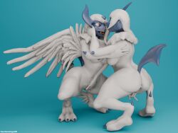 3_toes 3d_(artwork) 4:3 absol anthro anus blender_(artwork) blue_anus blue_background blue_body blue_claws blue_skin blue_vulva breasts butt claws crouching digital_media_(artwork) duo eye_contact feathered_wings feathers feet female fingering fur generation_3_pokemon generation_6_pokemon genitals hair heartlessangel3d hi_res looking_at_another mega_absol mega_evolution navel nintendo nude open_mouth pokemon pokemon_(species) red_eyes simple_background toe_claws toes tongue tongue_out vaginal vaginal_fingering vulva white_body white_feathers white_fur white_hair wings