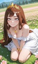 brown_hair brown_eyes pale_skin ai_generated original_character long_hair bangs demon_slayer kimetsu_no_yaiba my_hero_academia mizuki_hoshizora tease teasing teasing_viewer princess looking_at_viewer looking_up sitting_on_floor white_dress cleavage flushed flushed_face glossy_skin brat bratty_submissive field field_background public