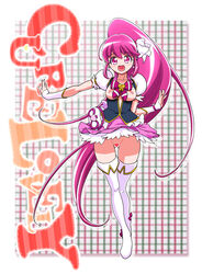 aino_megumi arm_warmers boots breasts censored clothing cure_lovely earrings eyelashes female hair_ornament happinesscharge_precure! happy heart high_heels jewelry kousaka_jun long_hair looking_at_viewer magical_girl pink pink_background pink_eyes pink_hair pink_skirt ponytail precure pretty_cure puffy_sleeves pussy ribbon shirt skirt small_breasts smile solo stockings thigh_boots thighhighs tied_hair white_legwear wrist_cuffs