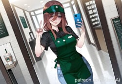 nakano_miku go-toubun_no_hanayome miku_nakano patreon patreon_username patreon_link absurdres aesthetic ai_generated anime anime_style blurred_background digital_art digital_painting high_quality highres line_art soft_shading 1girls 1girl 1female solo_focus big_breasts huge_breasts large_breasts big_ass large_ass bubble_butt bubble_ass thick curvy curvy_figure curvy_female curvy_body curvy_hips curvy_thighs sexy sexy_pose sexy_body sexy_female beautiful beautiful_girl beautiful_female cute cute_face 2026 blush blushing blush_lines blushing_female rissuai horny horny_female horny_face horny_expression excited excited_female excited_for_sex excited_expression solo long_hair breasts looking_at_viewer smile blue_eyes shirt brown_hair holding hair_between_eyes standing short_sleeves cowboy_shot collared_shirt tongue pants indoors tongue_out apron uniform cup black_shirt v covered_navel dutch_angle phone cellphone denim holding_cup smartphone meme holding_phone jeans blue_pants tiles selfie disposable_cup tile_floor employee_uniform coffee_cup cafe green_apron