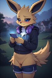 ai_generated female anthro pokemon pokemon_(species) jolteon young sunset yellow_body black_sclera blue_eyes phone hoodie headphones shorts_down no_panties pussy