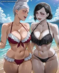 2girls abs ai_generated alcina_dimitrescu ayase_seiko beach bikini black_bikini black_hair blue_sky blush breasts cleavage cloud collarbone cowboy_shot dandadan dandanhub day eye_contact frilled_bikini frills hair_bun large_breasts looking_at_another makeup mature_female multiple_girls navel ocean open_mouth outdoors red_bikini red_lips resident_evil resident_evil_8:_village short_hair single_hair_bun sky smile stomach sweat swimsuit thigh_gap thighs toned wet white_hair yellow_eyes
