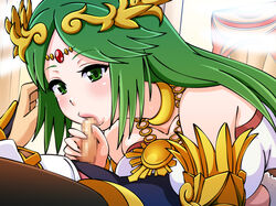 circlet fellatio goddess green_eyes green_hair hair_ornament jewelry kid_icarus kid_icarus_uprising long_hair lots_of_jewelry nintendo oral palutena pit pit_(kid_icarus) straight yuki_(12cut)