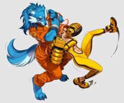 2girls 3_toes 4_fingers abs ahoge asphyxiation barefoot blue_fur blue_hair breasts canid choking claws cleavage commission eyepatch female_only full_body furry furry_female grabbing_from_behind human kiera_(shot_one) large_breasts long_hair mechanical_arms multiple_girls navel_cutout orange_hair orange_jumpsuit pietro_antognioni prison_uniform prisoner red_eyes ryona scar scar_across_eye shackles shot_one sneakers struggling two-tone_fur volley_(shot_one) white_fur wolf_girl yellow_jumpsuit