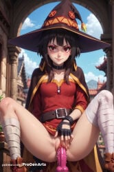 solo hat red_eyes witch_hat gloves fingerless_gloves bandages bandaged_leg vaginal vaginal_object_insertion pussy dildo female_masturbation object_insertion looking_at_viewer breasts black_hair spread_legs uncensored masturbation dress cape smile small_breasts sex_toy no_panties black_gloves pussy_juice red_dress belt blush thighhighs collar day outdoors lips patreon_username web_address sitting short_hair squatting short_hair_with_long_locks megumin progenarts hi_res ai_generated kono_subarashii_sekai_ni_shukufuku_wo! 1girls female vaginal_insertion vaginal_masturbation dildo_in_pussy dildo_insertion