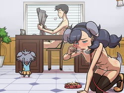 1boy all_fours animal_ears black_hair blue_eyes blush bondage bowl braid breath closed_eyes collar covering_eyes cum desk emma_(pokemon) espurr espurr_(cosplay) fake_animal_ears female femsub flaccid flat_chest game_freak habatakuhituji handsome_(pokemon) human human_only indoors leash long_hair looker_(pokemon) male_pubic_hair maledom matiere_(pokemon) naked_footwear naked_shoes naked_stockings navel newspaper nintendo nipples nude nyasper nyasper_(cosplay) on_floor open_mouth paw_pose penis pet_bowl pet_play poke_play pokemon pokemon_(cosplay) pokemon_xy pubic_hair role_reversal saliva sitting smile stockings tears text thighhighs translation_request