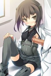 1boy admiral_(kantai_collection) armor bike_shorts blush brown_eyes brown_hair censored clothes_penetration clothesjob cum cum_on_clothes female headband headgear kantai_collection mosaic_censoring outercourse penis penis_under_clothes personification safi short_hair sitting skirt taihou_(kantai_collection) thighhighs