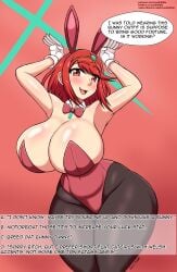 pyra xenoblade_(series) xenoblade_chronicles_2 nintendo monolith_soft colored tagme soulkibble 1girls looking_at_viewer smiling smiling_at_viewer alternate_costume red_eyes red_hair short_hair bunny_ears bunnysuit fake_animal_ears leotard leggings gloves collar bow bowtie hourglass_figure curvy curvy_figure hips wide_hips hips_wider_than_shoulders breasts huge_breasts thighs thick_thighs tight_clothing bunny_pose blush simple_background core_crystal core_crystal_(xenoblade) earrings jewelry tiara text text_bubble text_box alternate_version_available