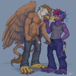 2012 abs anthro avian balls biceps brown_hair chest_tuft clothing drooling ear_piercing fangs fur furry furry_only gay gryphon hair hypnosis male male_only mind_control mohawk muscles no_humans pants pecs penis piercing precum pubes purple_fur red_eyes red_hair saliva toned tongue tongue_out tuft uncut undressing vest voondahbayosh wings