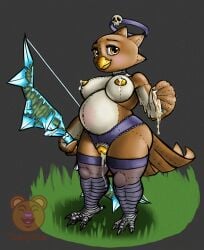alternative_fashion anthro atlyss avian beak bow_(weapon) breasts broken_condom brown_body brown_feathers byrdle_(atlyss) clothing collar condom feathers female goth grey_talons halo hi_res lingerie looking_at_viewer panties penetrable_sex_toy pregnant ranged_weapon sex_toy sexual_barrier_device skull_accessory solo t3ddyb3ar underwear weapon yellow_beak yellow_eyes yellow_genitals