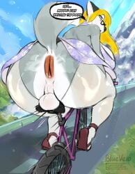 2025 anthro anus anus_focus artist_name balls balls_focus bicycle big_breasts big_butt blonde_hair bluevelo breasts butt butt_focus canid canine canis clothed clothed_anthro clothed_gynomorph clothing digital_media_(artwork) dress ellipsis english_text eyewear footwear fur genitals glasses grass grey_body grey_fur gynomorph hair hi_res intersex looking_at_viewer looking_back looking_back_at_viewer mammal outside plant pointy_ears prick_ears riding_bike road sarah_van_fiepland sky solo speech_bubble tail talking_to_viewer text vehicle white_body white_fur wolf