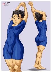 ass bodysuit bulge butt cabba dragon_ball dragon_ball_super femboy full_body fully_clothed looking_at_viewer m4rsart penis_under_clothes shorts smile solo solo_focus solo_male stretching sweat tight_clothing twink walking
