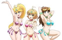 alexkonakona bikini blank_background blonde_hair blue_eyes blush brown_hair character_request choker copyright_request dancer dancer_outfit green_(pokemon) green_eyes grey_eyes looking_at_viewer medium_breasts navel pokemon pokemon_adventures suisei_no_gargantia yellow_(pokemon)