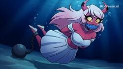 1girls ai ai_generated asphyxiation breasts bride bubbles cleavage cloth_gag drowning fallnightwolf female gagged hellaverse helluva_boss horns peril pixverse.ai solo succubus succubus_girl underwater underwater_peril verosika_mayday_(helluva_boss) vivziepop wedding_dress youtube