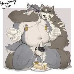 anthro arun_six balls bandage bandaged_ear bdsm belly black_body black_chastity_cage blue_body blush bodily_fluids cake chastity_cage chastity_device clothing cum cum_drip cum_on_cake cum_on_food dessert dripping eye_patch eyewear food footwear front_view genital_fluids genitals hands_in_socks hi_res kneeling male nipple_piercing nipple_ring nipples nude on_ground overweight piercing plate ring_piercing sex_toy simple_background smile smirk sniffing sniffing_clothes sock_fetish sock_sniffing socks solid_chastity_cage solo sweat text tongue tongue_out vibrator wand_vibrator white_clothing white_footwear white_socks
