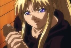 00s 1boy 1girls 2002 bible_black bible_black_night_of_the_walpulgiss blonde_hair female handjob high_ponytail large_penis long_hair naughty naughty_face naughty_smile penis penis_grab purple_eyes robe saeki_kaori smirk straight tagme teasing teasing_penis teasing_viewer teen teenage_girl teenager uncensored