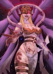 angel angel_wings angewomon belt big_breasts blonde_hair blood_stain breasts clawed_fingers claws clothing corruption digimon digimon_(species) enemy_conversion female female_focus female_only glowing_eyes helmet long_hair long_tongue mr.bones22 ripped_clothing rust scarf sharp_teeth thick_thighs wings