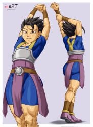 ass bodysuit bulge butt cabba dragon_ball dragon_ball_super femboy full_body fully_clothed looking_at_viewer m4rsart penis_under_clothes shorts smile solo solo_focus solo_male stretching sweat tight_clothing twink walking