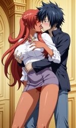 fairy_tail zero_no_tsukaima gray_fullbuster kirche_augusta_frederica_von_anhalt_zerbst ai_generated crossover couple sensual naughty dark_skin red_hair intimate kiriosn4x clothed kissing groping