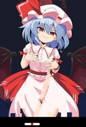 1girls ass_visible_through_thighs back_bow bat_wings blue_hair bow breakout breasts collared_shirt commentary_request cowboy_shot dot_nose grin hands_on_own_chest hat hat_ribbon head_tilt highres looking_at_viewer medium_hair mob_cap moon night nipple_slip nipples pink_hat pink_shirt pink_skirt puffy_short_sleeves puffy_sleeves pussy pussy_peek red_bow red_eyes red_moon red_ribbon remilia_scarlet ribbon ribbon-trimmed_sleeves ribbon_trim rnt_(251139) shirt short_sleeves skirt slit_pupils small_breasts smile solo standing torn_clothes touhou v-shaped_eyebrows wings