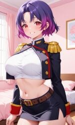 ai_generated baleee mato_seihei_no_slave chained_soldier yakumo_ezo white_shirt jacket crop_top midriff navel pencil_skirt large_breasts smile purple_hair two-tone_hair