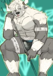 abs anthro arm_tattoo bigfoot_(tas) bovid bovine cattle clothing erection fur grey_eyes grinding_on_pole hair hi_res horn leg_tattoo lifewonders male mammal muscular muscular_arms navel ononokomachiimo open_mouth pubic_tattoo sitting solo spread_legs spreading staff tattoo tenting thong tokyo_afterschool_summoners underwear white_body white_fur white_hair