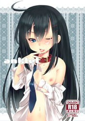 black_hair blue_eyes blush collarbone cover cover_page cum facial female long_hair necktie nipples off_shoulder open_mouth original rating shirt skull.03 solo white_shirt wink