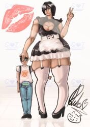 1boy 1girls 2d 2d_(artwork) autograph autographed big_boobs big_breasts boobs breasts clothed clothed/nude clothed_female fanny_pack female giantess hips hips_wider_than_shoulders huge_thighs idol large_boobs large_breasts light-skinned_female light-skinned_male light_skin male mini_giantess olivegts thick_thighs thighs wide_hips