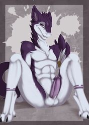 abs balls bedroom_eyes erection ethan_(teckly) fur humanoid_penis looking_at_viewer male male_only nude penis purple_eyes purple_fur seated sergal solo spread_legs spreading zeiro