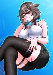 1girls 2026 2d 2d_(artwork) blue_background blush boobs breasts brown_eyes brown_hair clothed clothing color colored digital_media_(artwork) dress eternals_(idol_corp) female female_only green_eyes hair hecshadowartof heterochromia hi_res idol_corp idol_es legs legs_crossed light-skinned_female light_skin low-angle_view meica sex_toy simple_background sitting solo thick_thighs thighs tits viewed_from_below virtual_youtuber vtuber