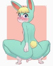 2024 3_fingers animal_crossing anthro areola backsack balls biped blonde_hair blue_eyes blush blush_lines border closed_smile crouching digital_media_(artwork) embarrassed eyelashes feet fingers flaccid foreskin fur genitals glistening glistening_eyes gloves_(marking) green_body green_fur hair hand_on_butt hand_on_own_butt haolksou hindpaw humanoid_genitalia humanoid_penis lagomorph leg_markings leporid long_ears looking_at_viewer looking_back looking_back_at_viewer male male_anthro mammal markings mismatched_genitalia mismatched_humanoid_penis mismatched_penis mouth_closed multicolored_body multicolored_fur nintendo nipples nude nude_anthro nude_male outside_border pawpads paws penis pink_areola pink_nipples pink_pawpads rabbit rear_view red_background red_inner_ear red_nose sasha_(animal_crossing) short_tail simple_background smile smiling_at_viewer socks_(marking) solo spread_legs spreading tail toes two_tone_body two_tone_fur unretracted_foreskin white_balls white_body white_border white_fur white_penis yellow_tail