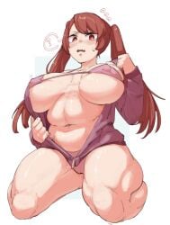 bottomless bra chubby confused kida_eve large_breasts nipple_bulge open_clothes open_jacket open_mouth plump sweatdrop thick_thighs twintails unzipped unzipped_jacket yotahen